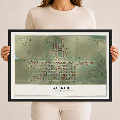 Map of Booker, Texas, 12 x 18 inch print in a black wood frame
