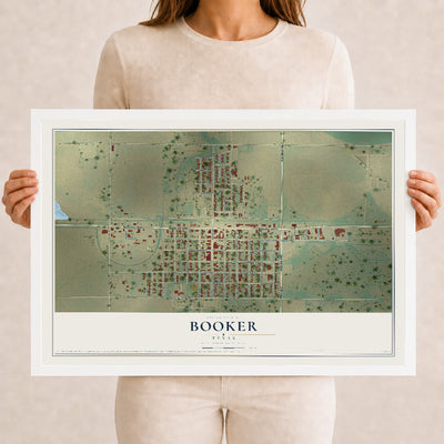 Map of Booker, Texas, 12 x 18 inch print in a white wood frame