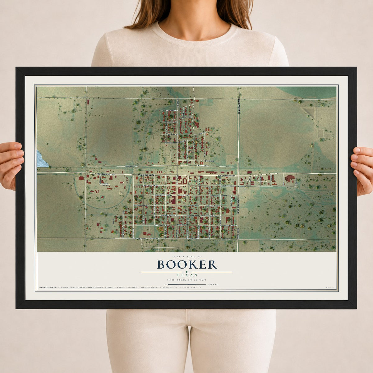 Map of Booker, Texas, 18 x 24 inch print in a black wood frame
