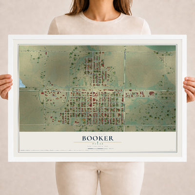 Map of Booker, Texas, 18 x 24 inch print in a white wood frame