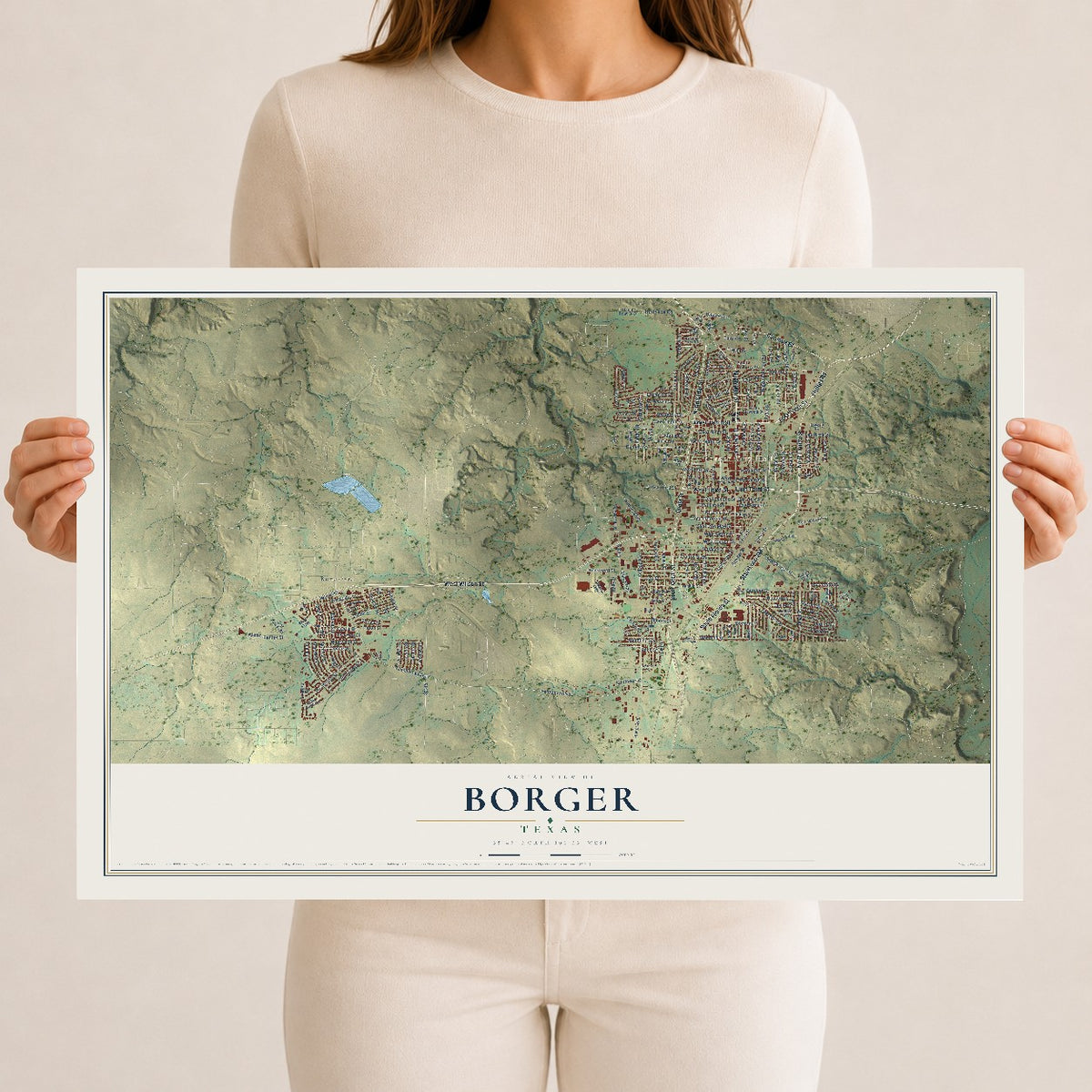 Map of Borger, Texas, 12 x 18 inch unframed archival matte print
