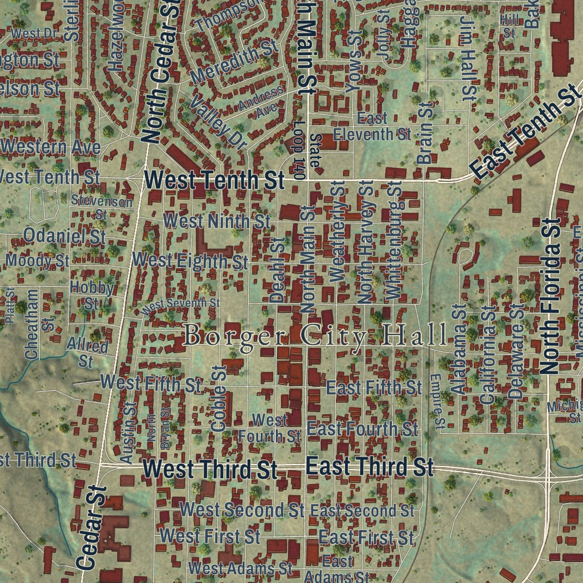Close-up of the map of Borger, Texas print showing street and building detail