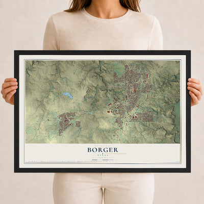 Map of Borger, Texas, 12 x 18 inch print in a black wood frame