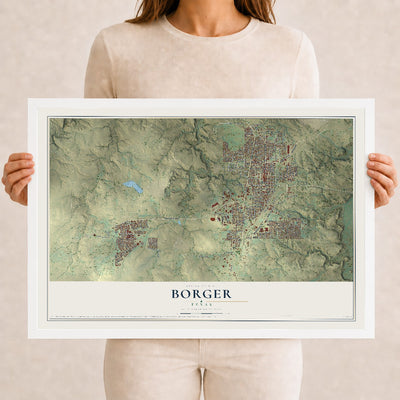 Map of Borger, Texas, 12 x 18 inch print in a white wood frame