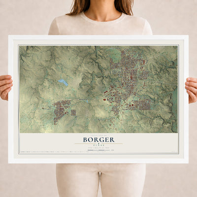 Map of Borger, Texas, 18 x 24 inch print in a white wood frame