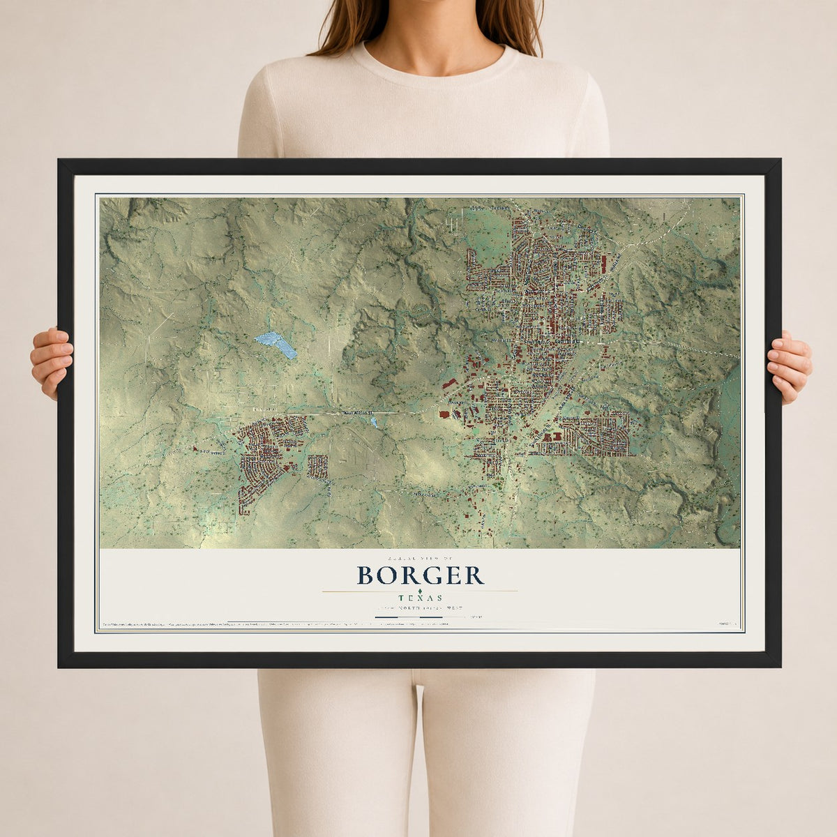 Map of Borger, Texas, 24 x 36 inch print in a black wood frame
