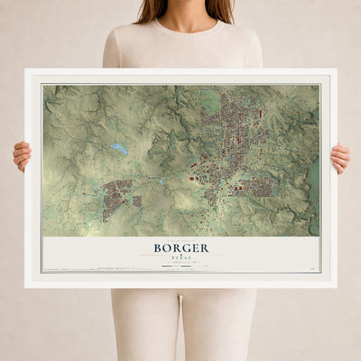 Map of Borger, Texas, 24 x 36 inch print in a white wood frame