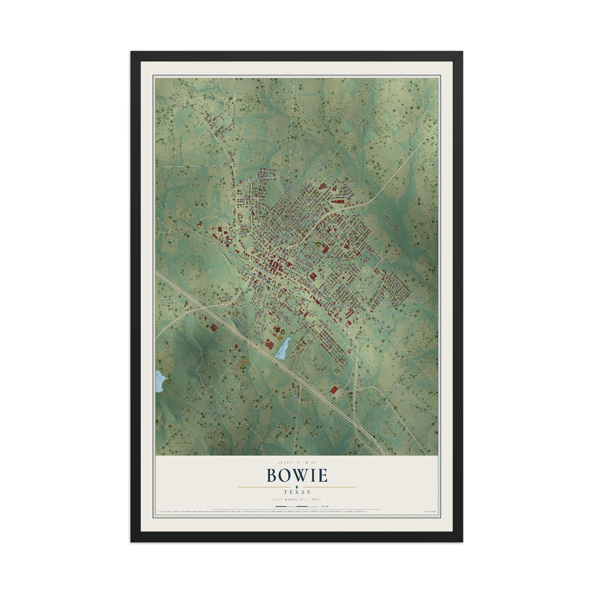 Map of Bowie, Texas, 12 x 18 inch print in a black wood frame
