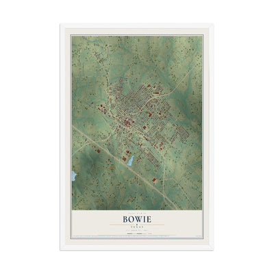 Map of Bowie, Texas, 12 x 18 inch print in a white wood frame