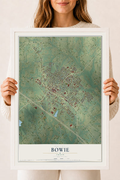Map of Bowie, Texas, 18 x 24 inch print in a white wood frame