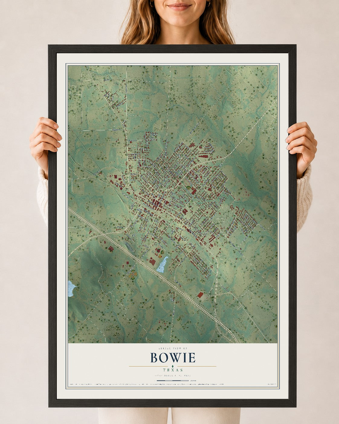 Map of Bowie, Texas, 24 x 36 inch print in a black wood frame