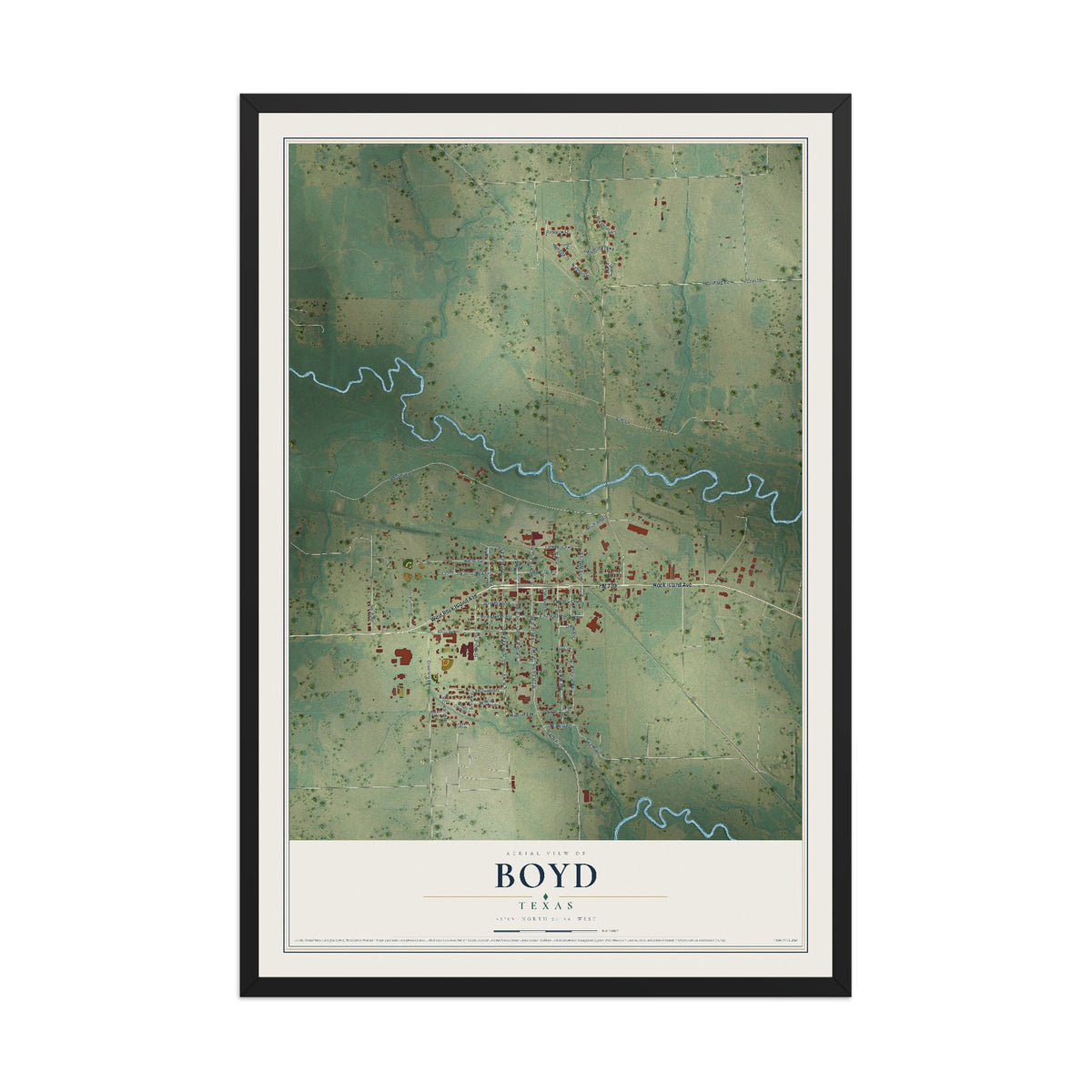 Map of Boyd, Texas, 12 x 18 inch print in a black wood frame