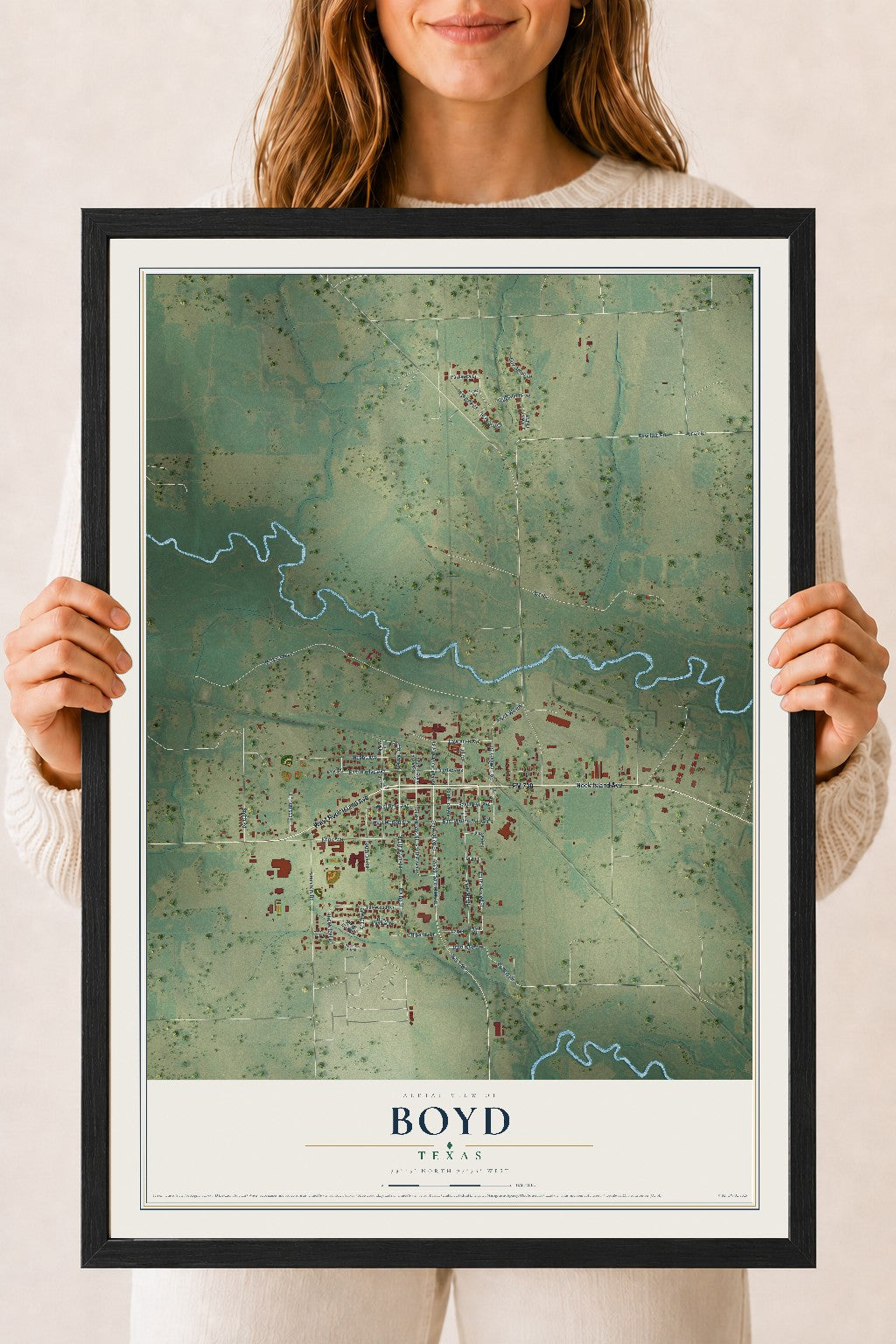 Map of Boyd, Texas, 18 x 24 inch print in a black wood frame