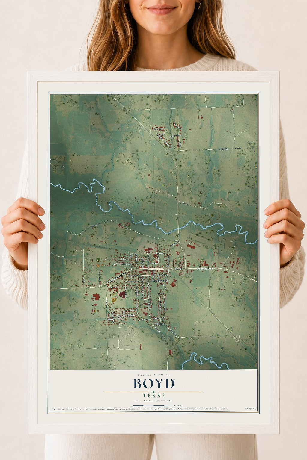 Map of Boyd, Texas, 18 x 24 inch print in a white wood frame