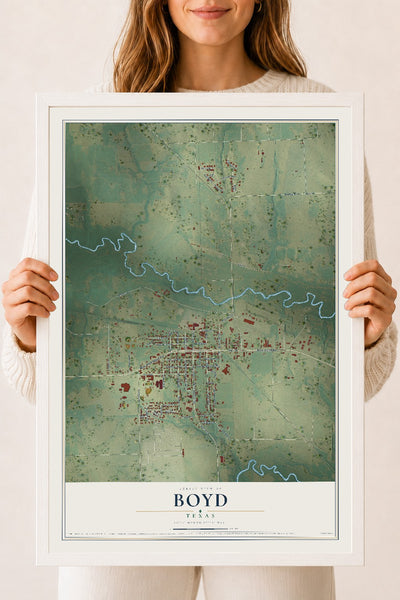 Map of Boyd, Texas, 18 x 24 inch print in a white wood frame
