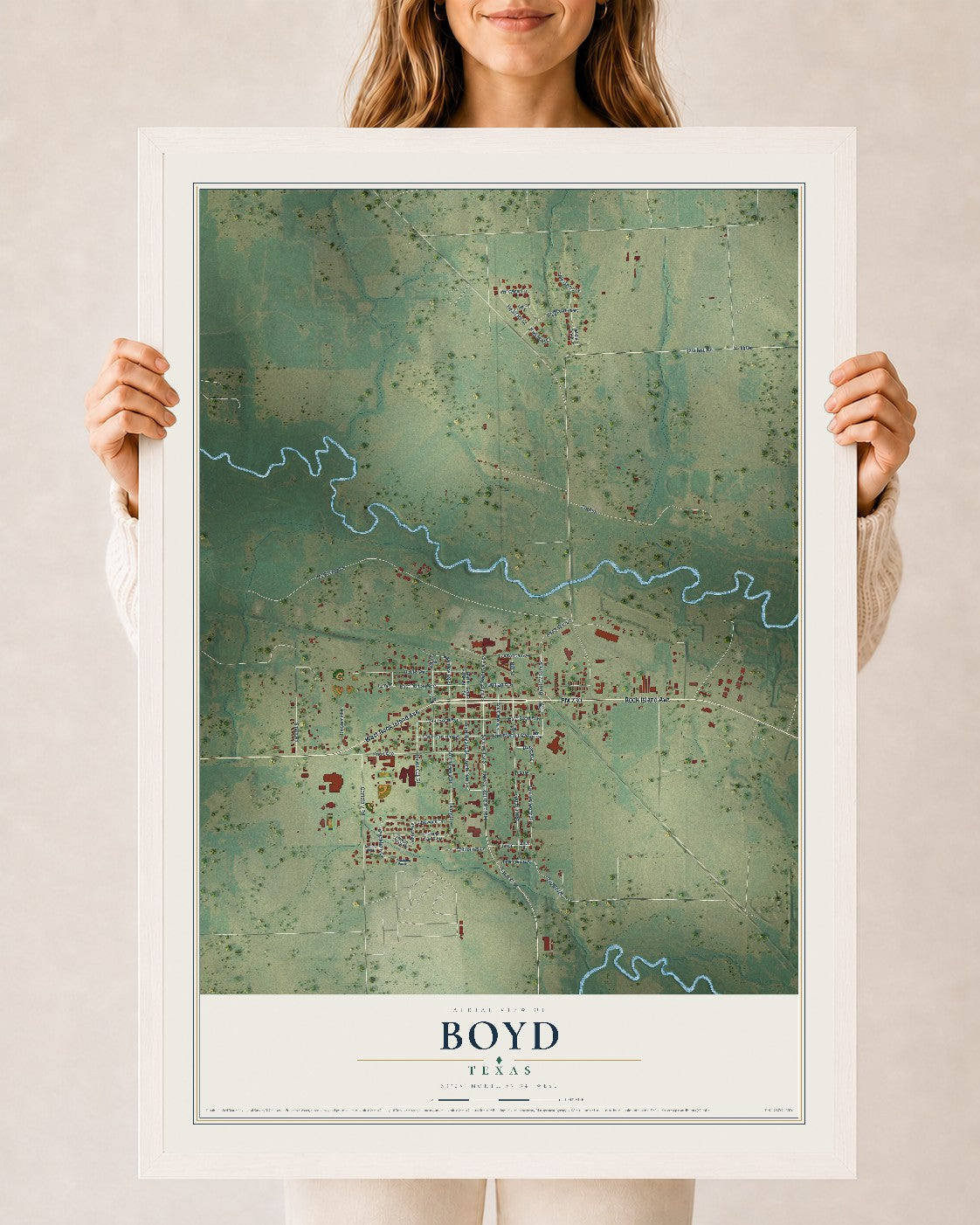 Map of Boyd, Texas, 24 x 36 inch print in a white wood frame