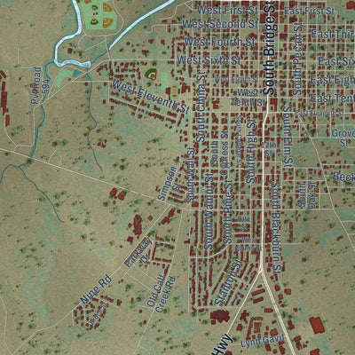 Close-up of the map of Brady, Texas print showing street and building detail