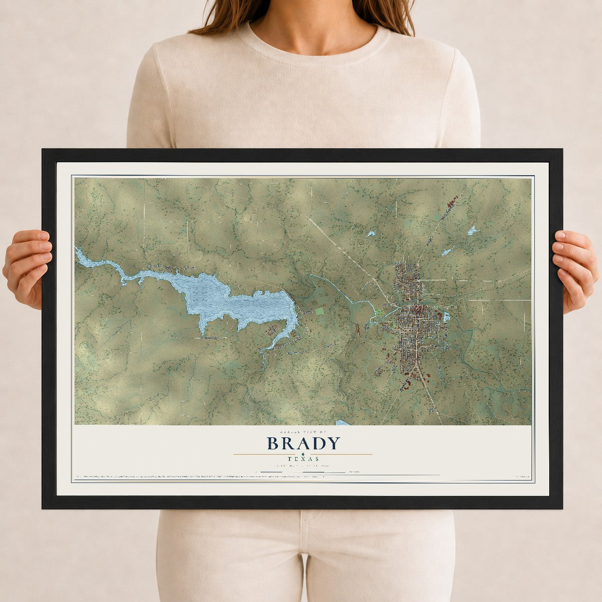 Map of Brady, Texas, 12 x 18 inch print in a black wood frame