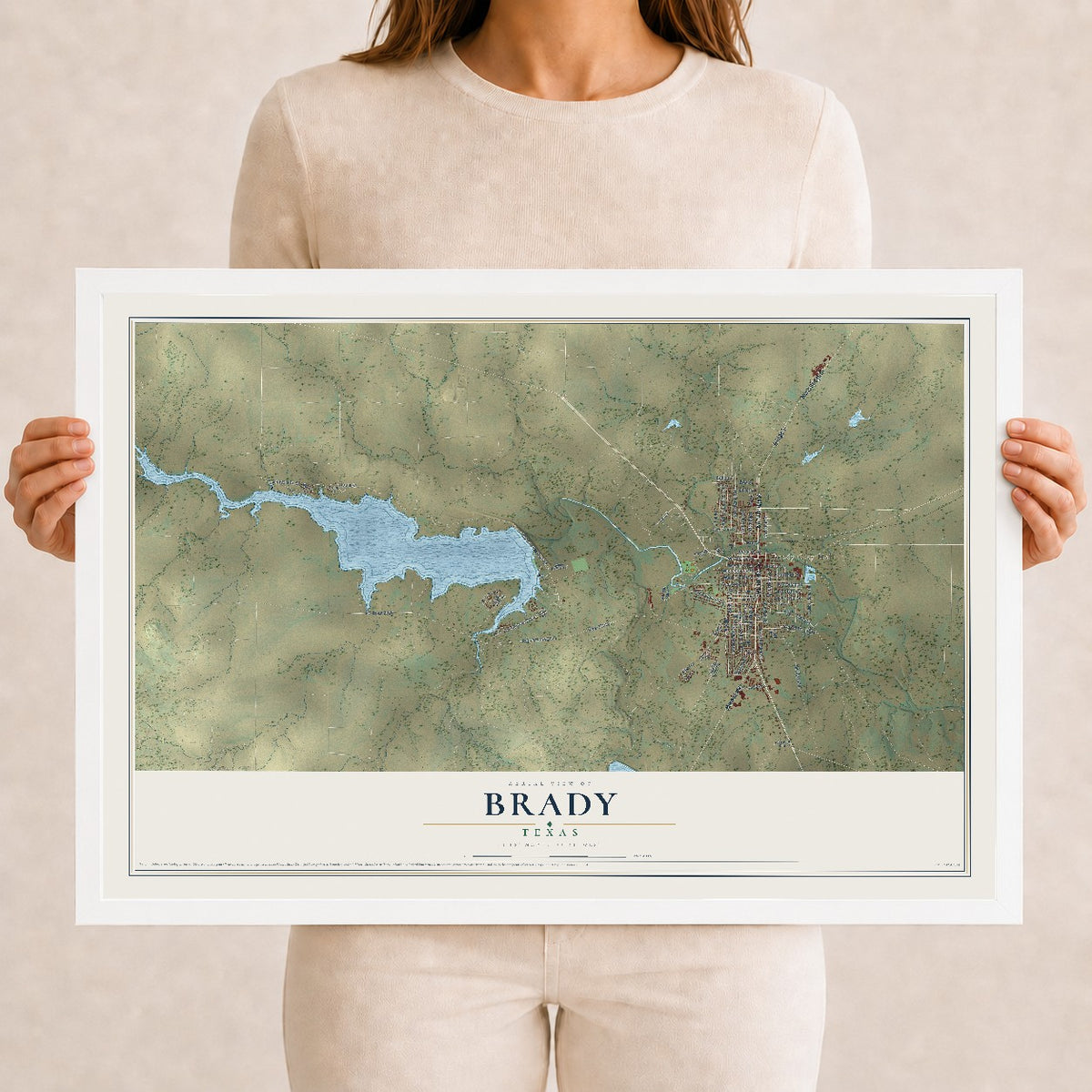 Map of Brady, Texas, 12 x 18 inch print in a white wood frame