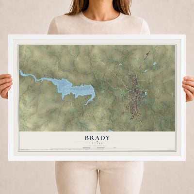 Map of Brady, Texas, 18 x 24 inch print in a white wood frame