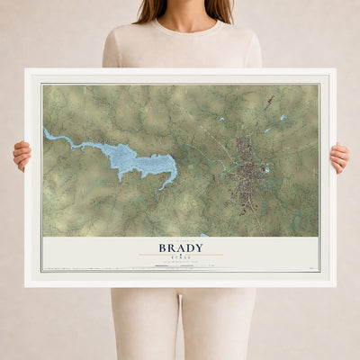 Map of Brady, Texas, 24 x 36 inch print in a white wood frame