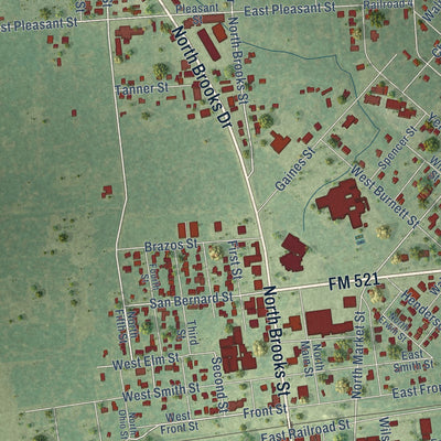 Second close-up of the map of Brazoria, Texas print showing more streets and buildings