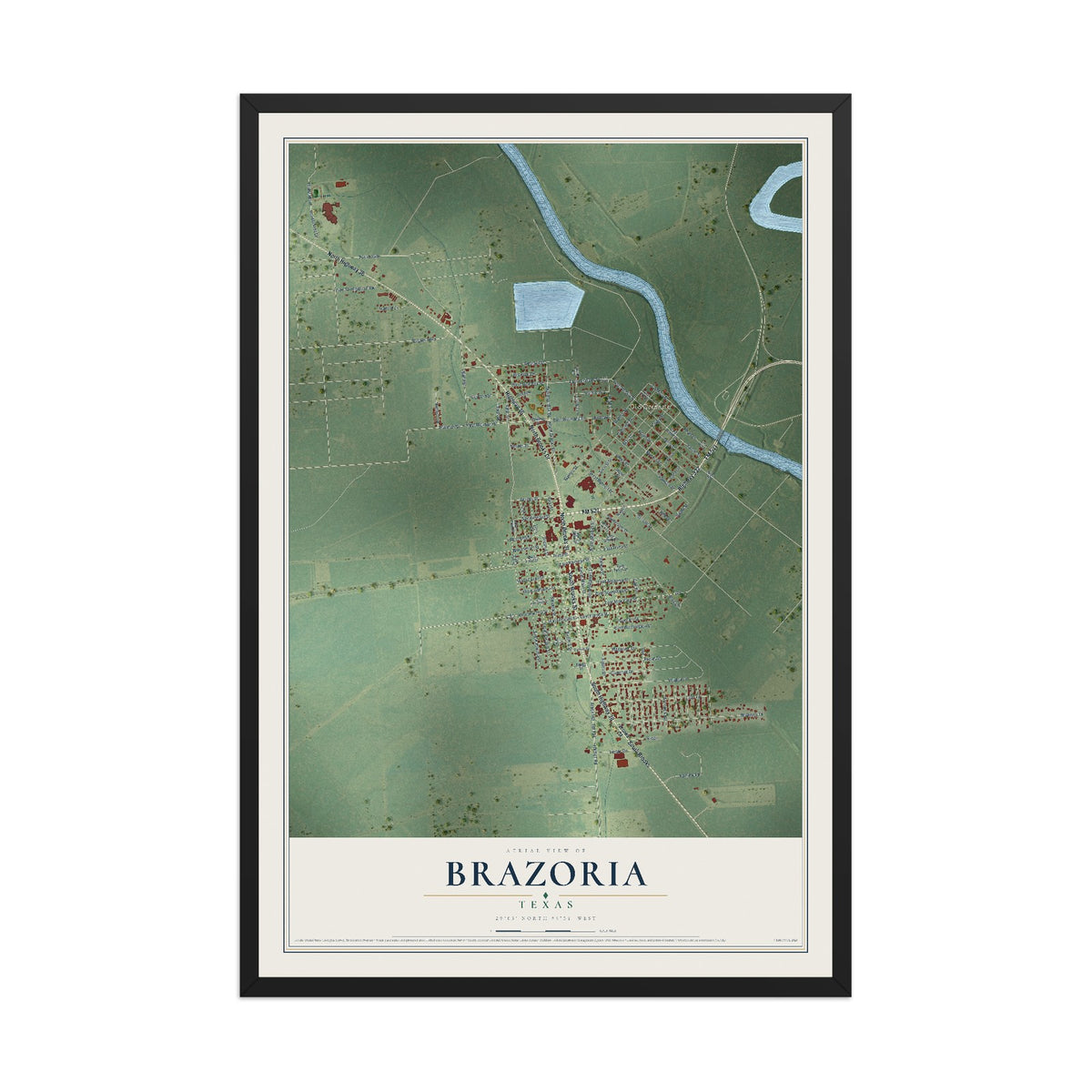 Map of Brazoria, Texas, 12 x 18 inch print in a black wood frame