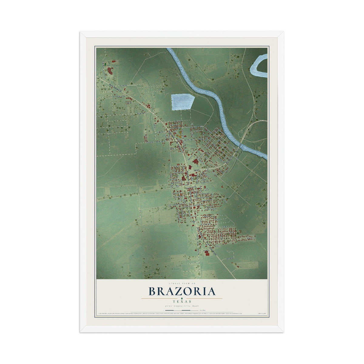Map of Brazoria, Texas, 12 x 18 inch print in a white wood frame