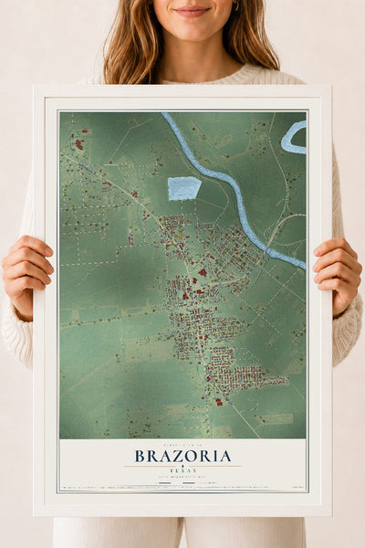 Map of Brazoria, Texas, 18 x 24 inch print in a white wood frame