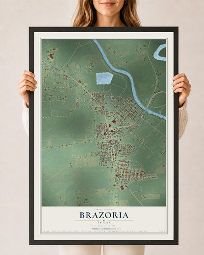 Map of Brazoria, Texas, 24 x 36 inch print in a black wood frame