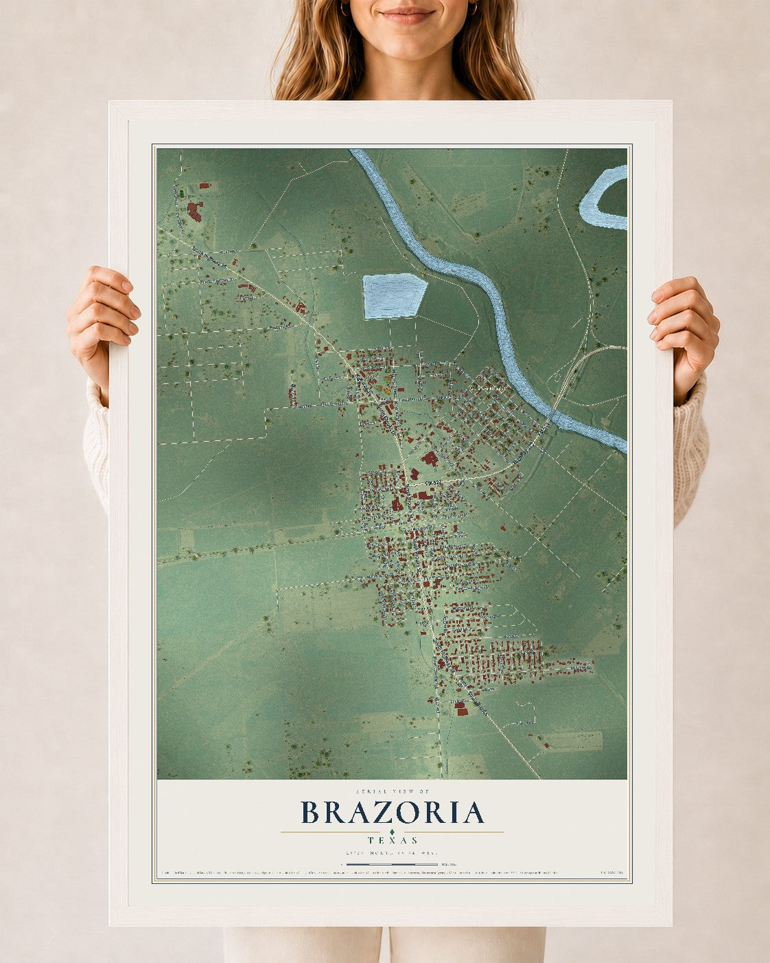 Map of Brazoria, Texas, 24 x 36 inch print in a white wood frame