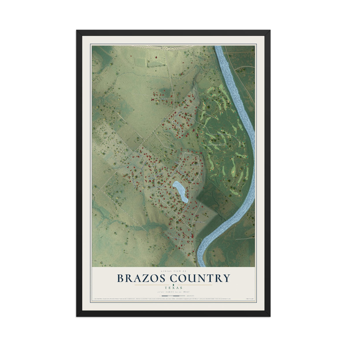 Map of Brazos Country, Texas, 12 x 18 inch print in a black wood frame