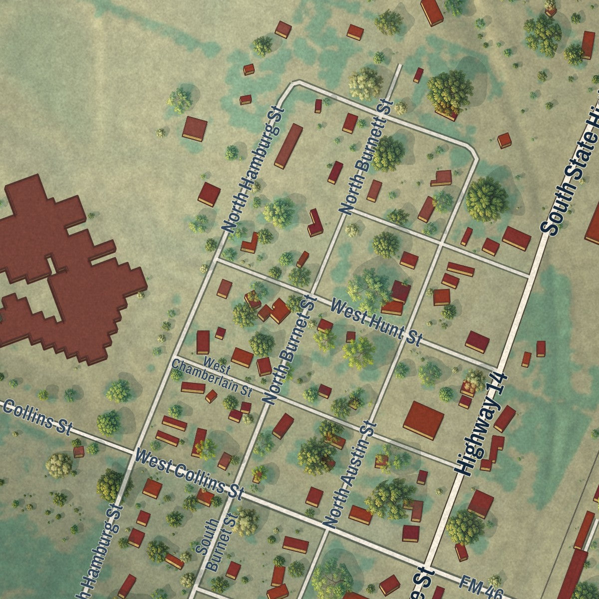 Second close-up of the map of Bremond, Texas print showing more streets and buildings