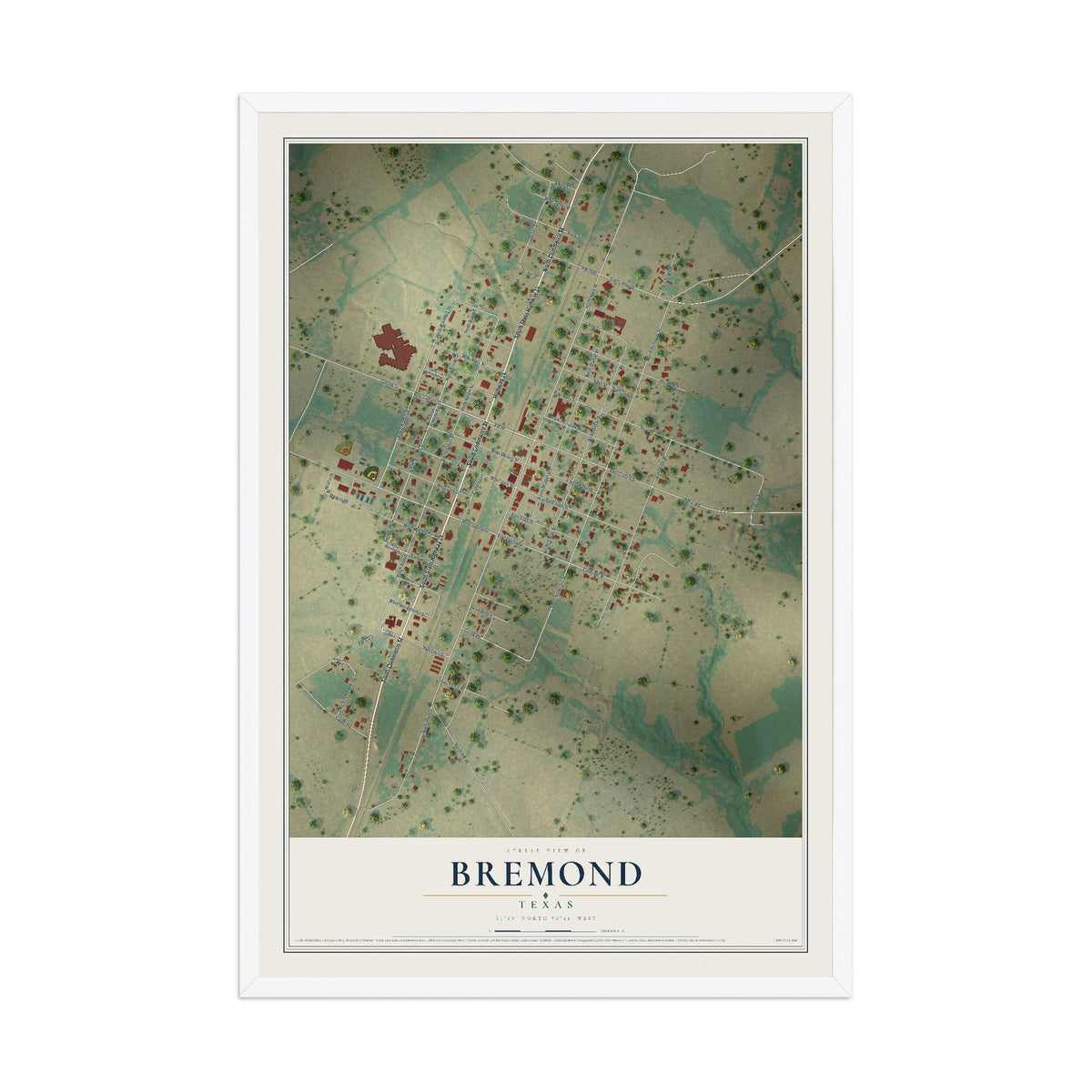 Map of Bremond, Texas, 12 x 18 inch print in a white wood frame