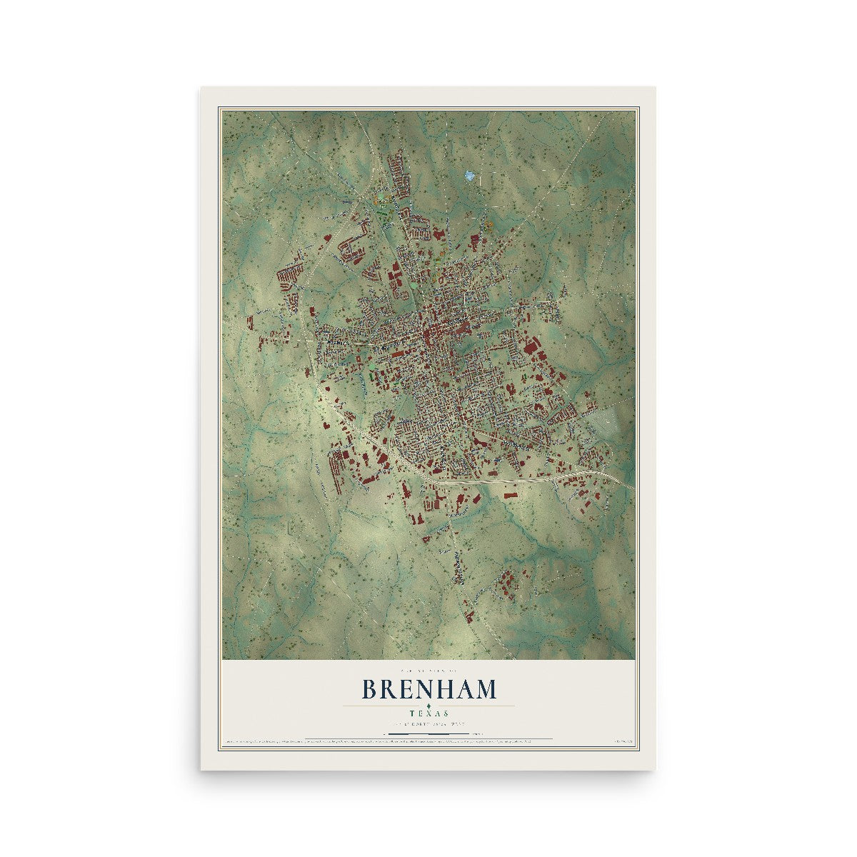 Map of Brenham, Texas, 12 x 18 inch unframed archival matte print