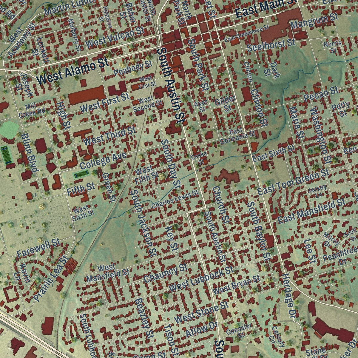 Close-up of the map of Brenham, Texas print showing street and building detail