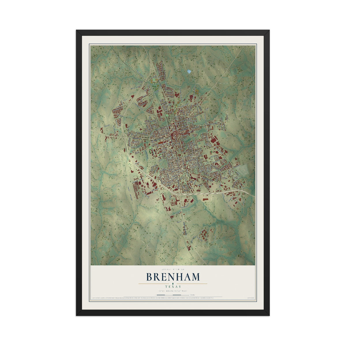 Map of Brenham, Texas, 12 x 18 inch print in a black wood frame