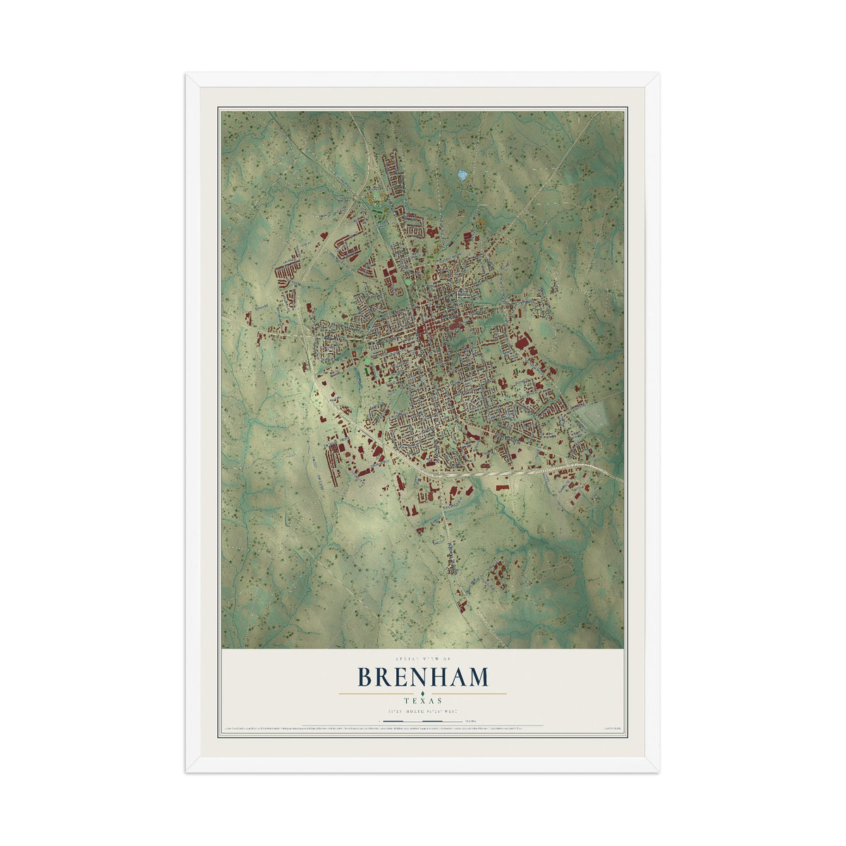 Map of Brenham, Texas, 12 x 18 inch print in a white wood frame