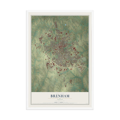 Map of Brenham, Texas, 12 x 18 inch print in a white wood frame