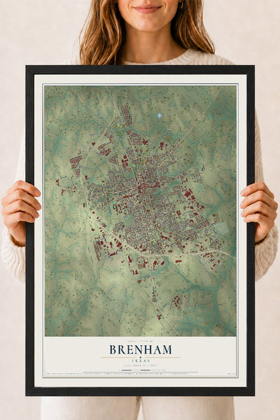 Map of Brenham, Texas, 18 x 24 inch print in a black wood frame