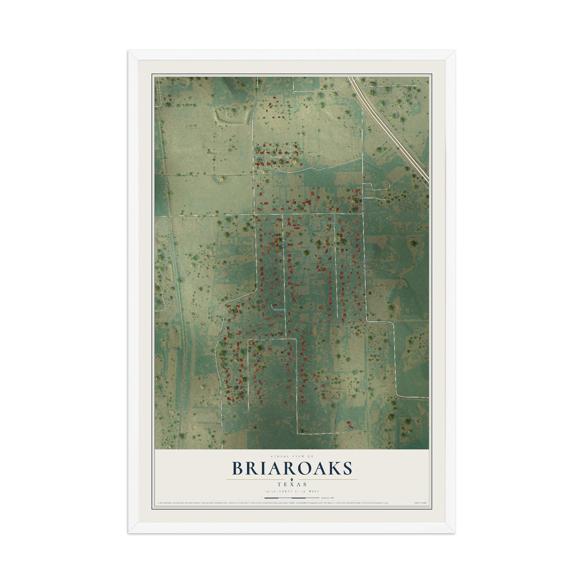 Map of Briaroaks, Texas, 12 x 18 inch print in a white wood frame