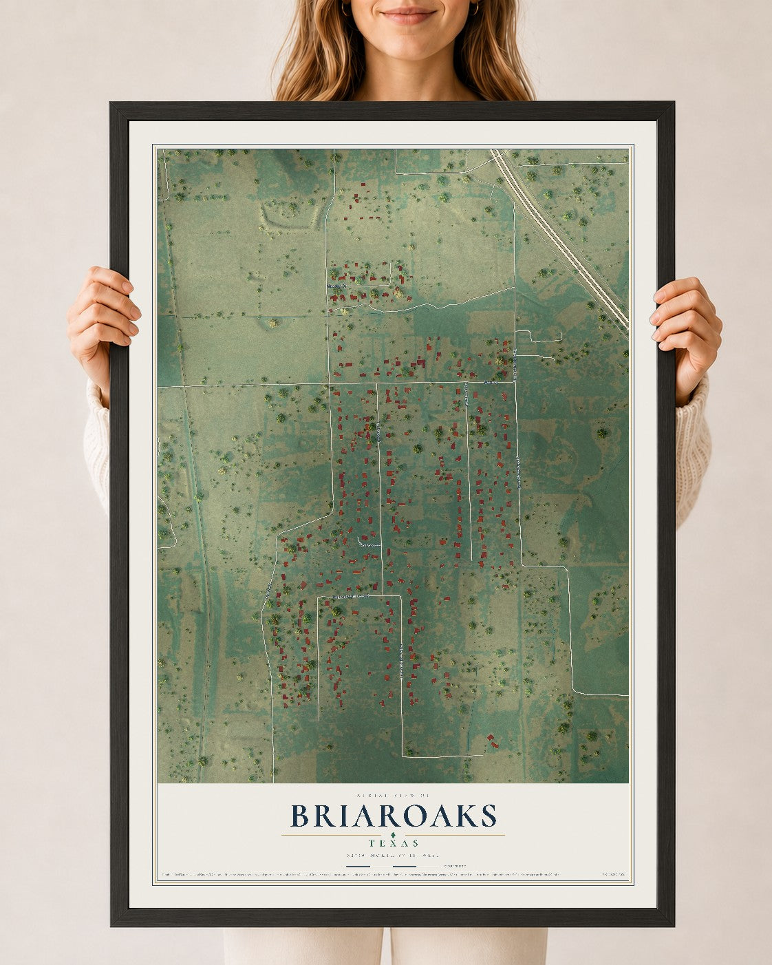 Map of Briaroaks, Texas, 24 x 36 inch print in a black wood frame