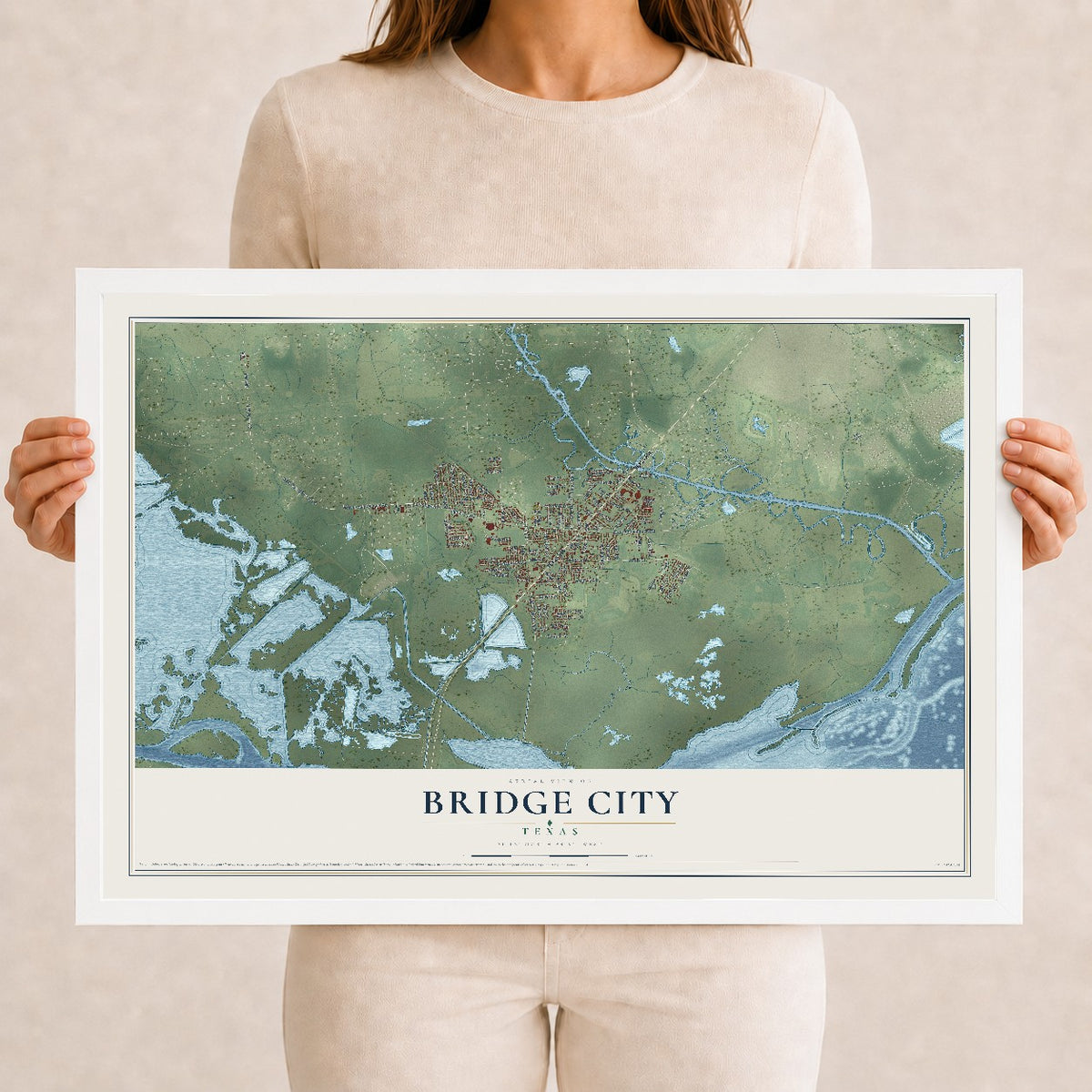 Map of Bridge City, Texas, 12 x 18 inch print in a white wood frame