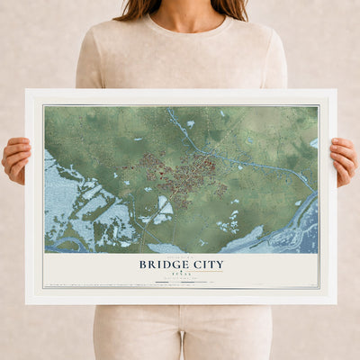 Map of Bridge City, Texas, 12 x 18 inch print in a white wood frame