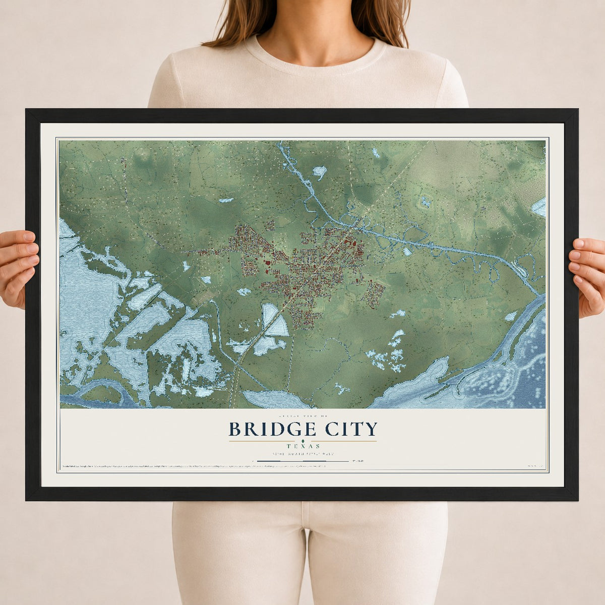 Map of Bridge City, Texas, 18 x 24 inch print in a black wood frame