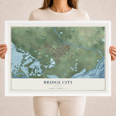 Map of Bridge City, Texas, 18 x 24 inch print in a white wood frame