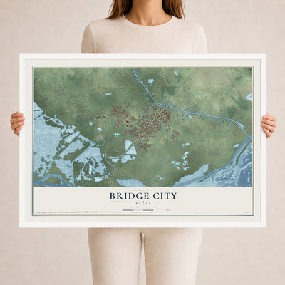 Map of Bridge City, Texas, 24 x 36 inch print in a white wood frame