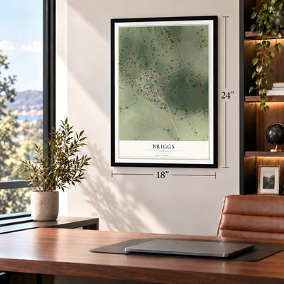 Briggs, Texas map, 18 x 24 inch print in a black frame in a home office