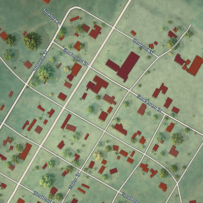 Close-up of the map of Broaddus, Texas print showing street and building detail
