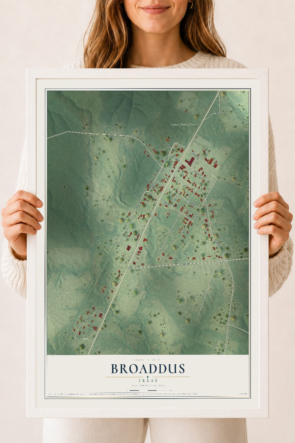 Map of Broaddus, Texas, 18 x 24 inch print in a white wood frame